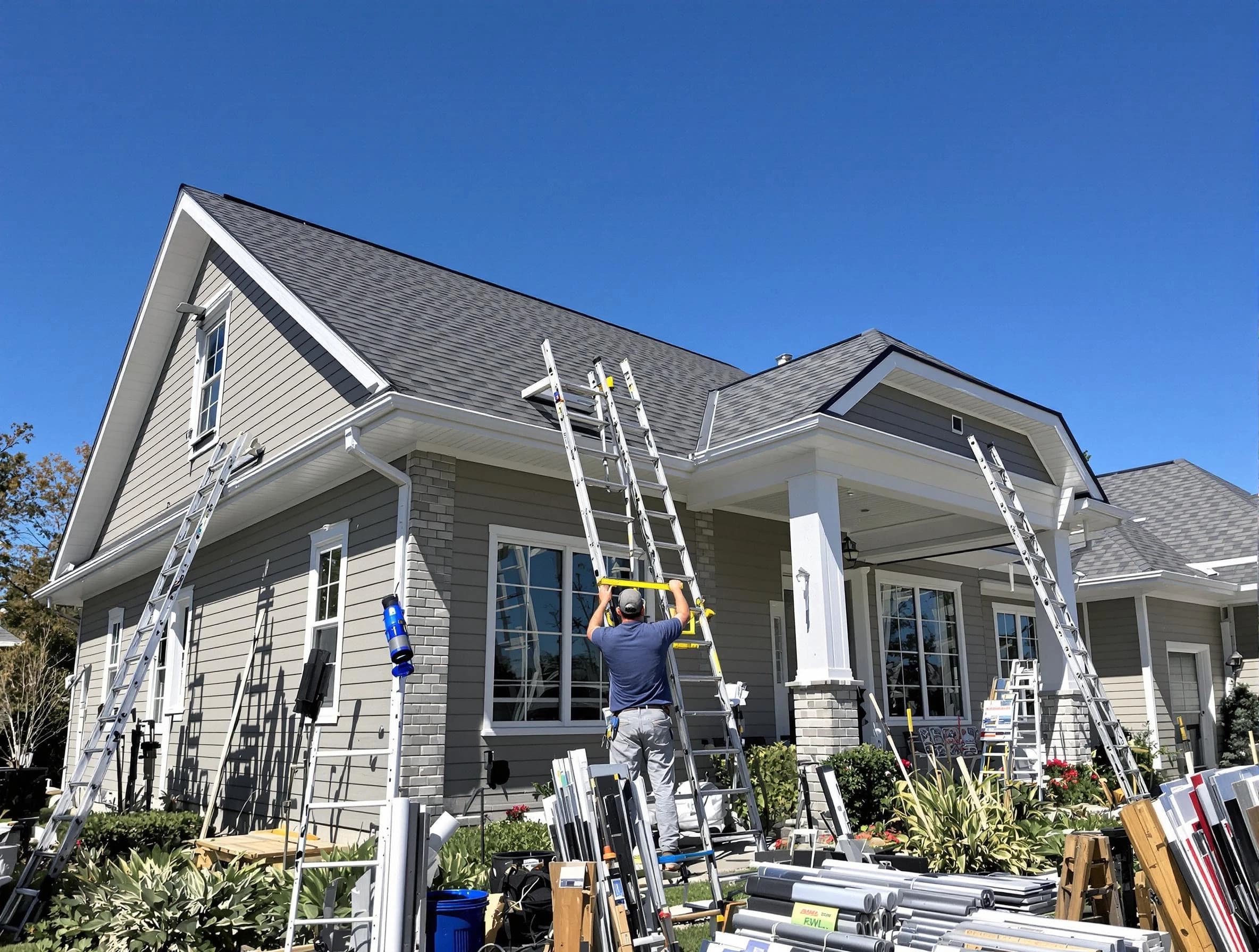 Brunswick Roofing Company fitting rain gutters at a home in Brunswick, OH