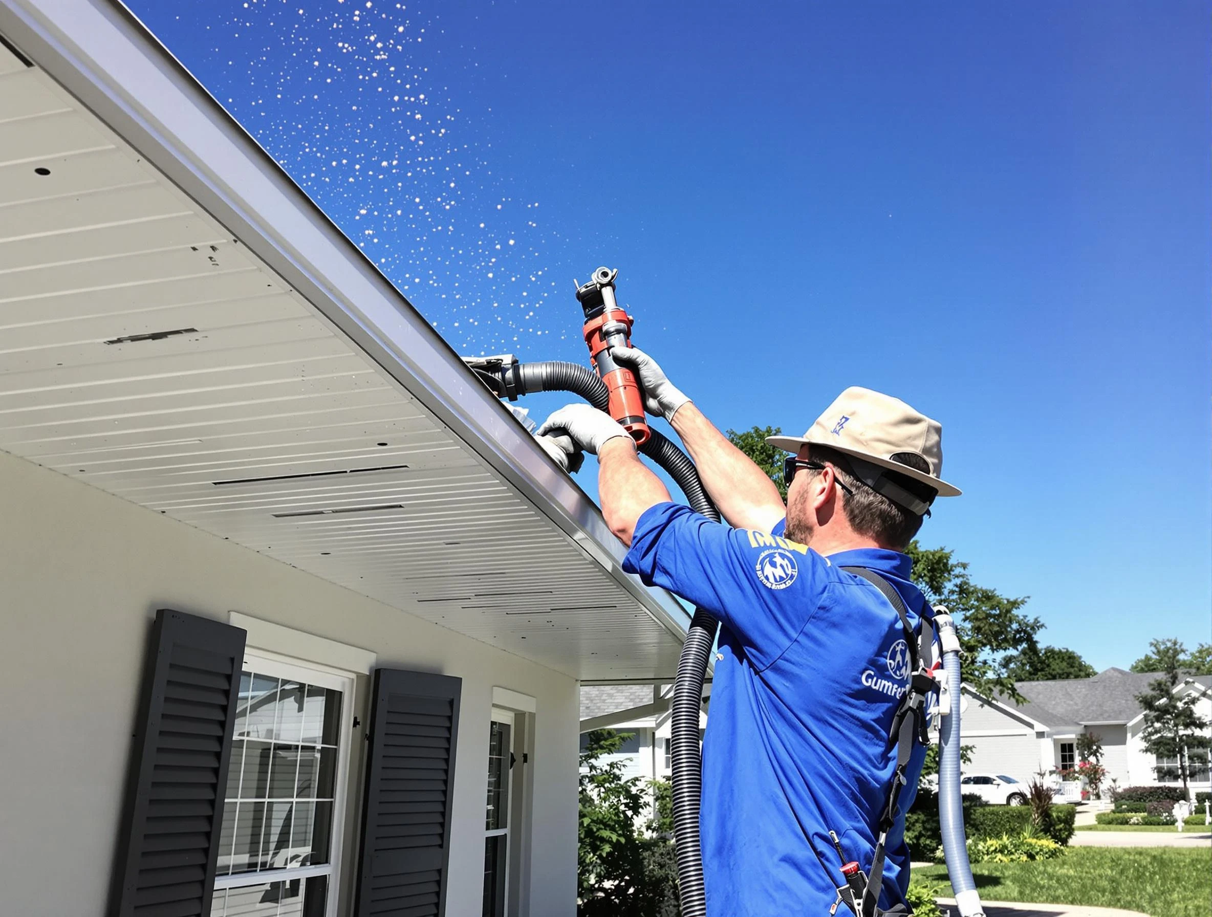 Technician completing a gutter cleaning project by Brunswick Roofing Company in Brunswick, OH