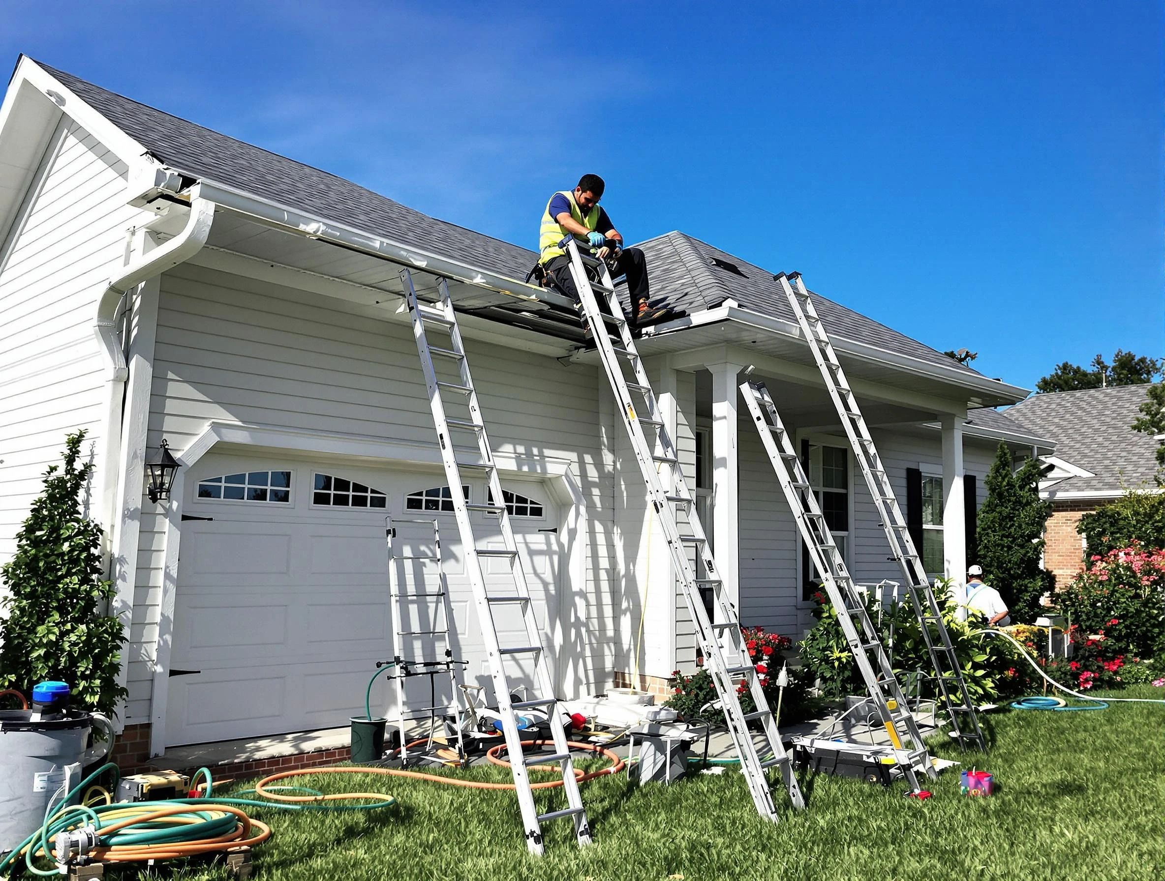 Removal of old gutters by Brunswick Roofing Company to install new system in Brunswick, OH